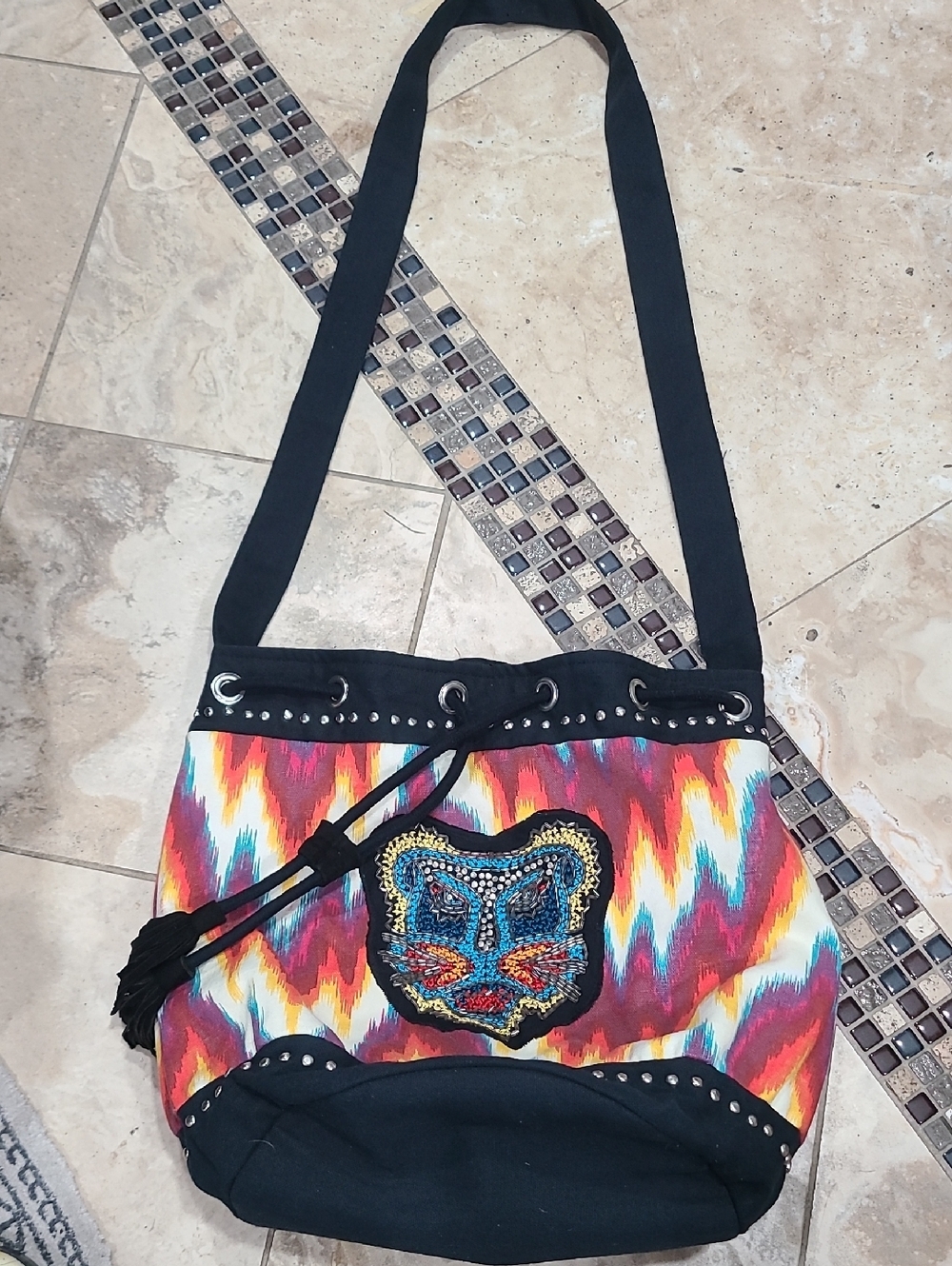 Zara Multicolor Zigzag Hobo Shoulder Bag with Black Trim